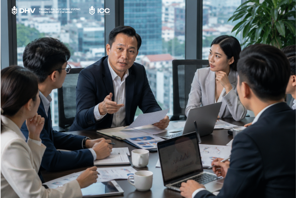 Lãnh đạo doanh nghiệp Việt Nam họp chiến lược cùng đội ngũ quản lý trong môi trường làm việc hiện đại.