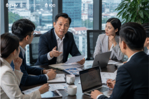 Lãnh đạo doanh nghiệp Việt Nam họp chiến lược cùng đội ngũ quản lý trong môi trường làm việc hiện đại.