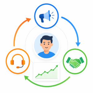 Quy trình liên kết giữa marketing, bán hàng và chăm sóc khách hàng tạo thành một vòng tròn khép kín