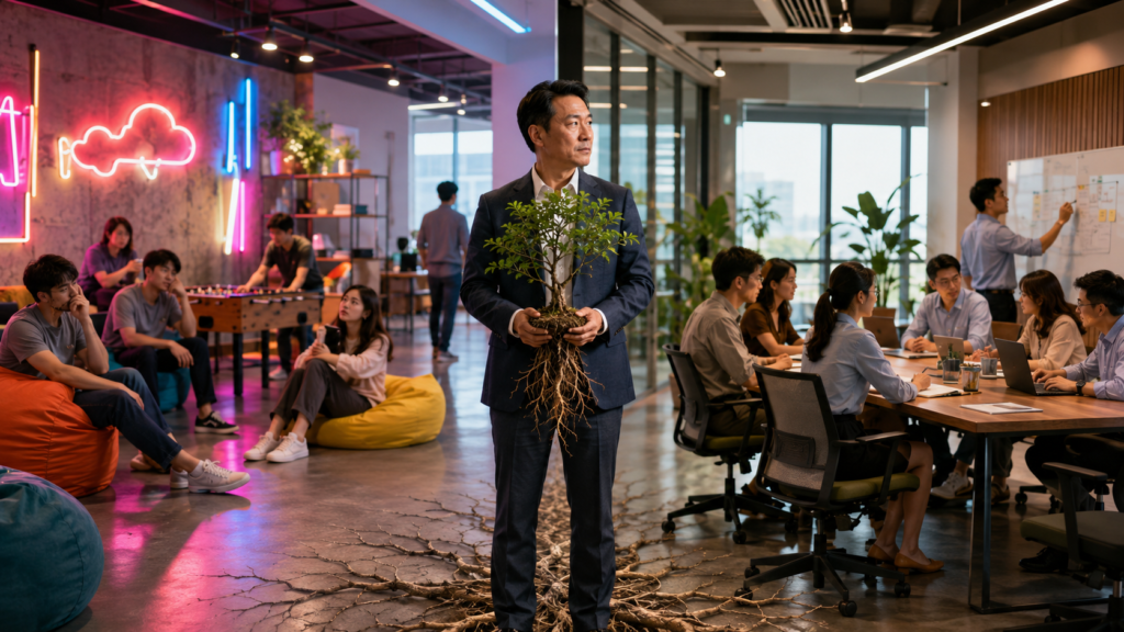 Hình ảnh minh họa doanh nghiệp cố gắng sao chép văn hóa từ các công ty lớn nhưng thiếu bản sắc nội bộ và nền tảng quản trị phù hợp.